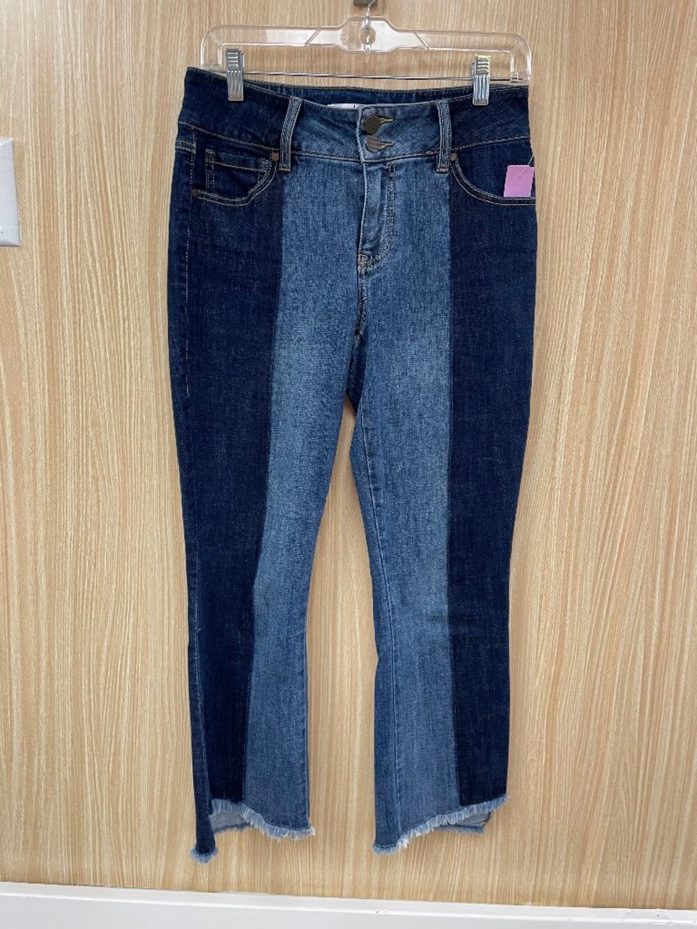 cabi Two Tone Hi Low Raw Hem Jeans Size 4